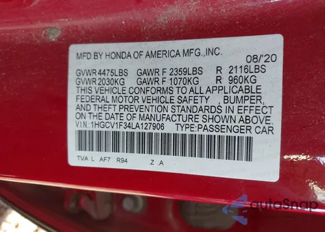 2020 Honda Accord Sport z USA, uszkodzony, nr VIN 1HGCV1F34LA127906